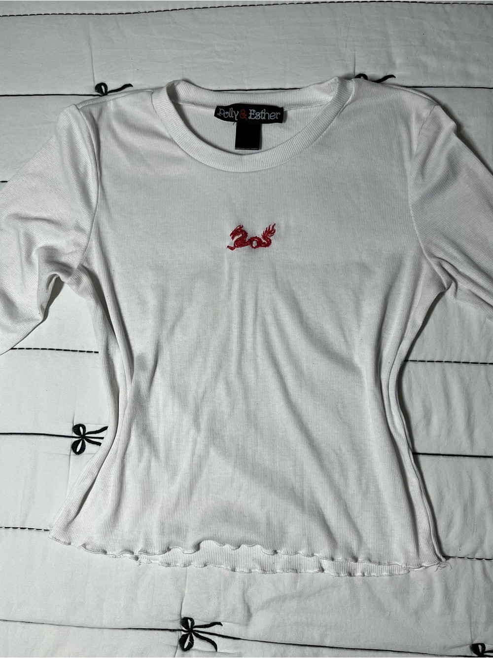 Polly & Esther White Ribbed Long Sleeve Top with Red Dragon Accent